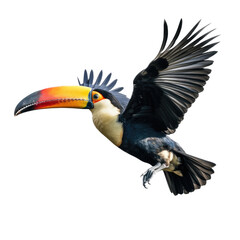 Naklejka premium a Toco Toucan in-flight in various positions, rainforest clown, Wildlife-themed, photorealistic illustrations in a PNG, cutout, and isolated. Generative AI