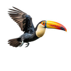 Obraz na płótnie Canvas a Toco Toucan in flight, in various positions, rainforest clown, Wildlife-themed, photorealistic illustrations in a PNG, cutout, and isolated. Generative AI