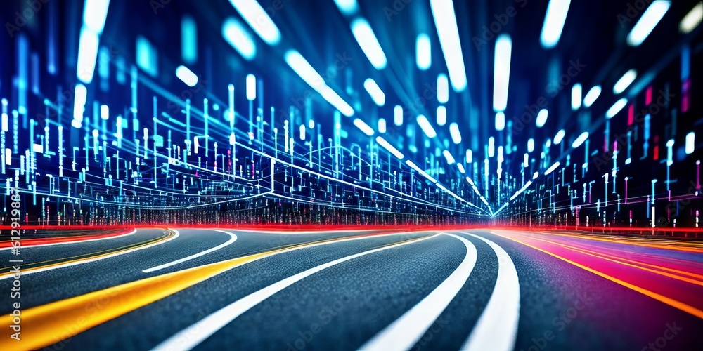 Poster digital data flow on road with motion blur to create vision of fast speed transfer. concept of futur