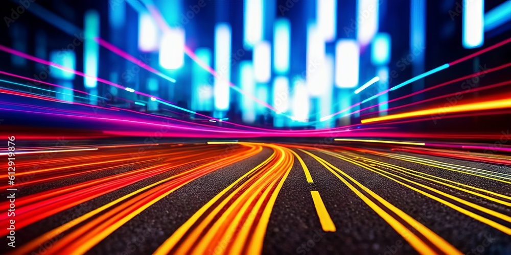 Poster city street with binary code numbers on motion blurred asphalt road, speed and faster digital matrix