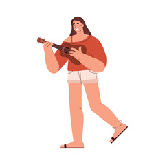 Going young woman with bracelet on leg playing ukulele flat style
