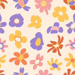 Groovy aesthetic floers seamless pattern. Spring or summer mood backround. Cute retro psychedelic flowers backdrop. Retro flat vector design and card, covers, package, wrapping paper.