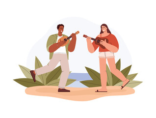 Happy people playing ukulele on beach, flat vector illustration isolated on white background.
