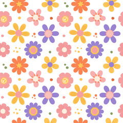 1970s retro style Daisy Flowers Seamless Pattern in Yellow, Red, Pink and purple Colors. Flat grainy textured Vector Illustration. Seventies Style, Groovy Background, Hippie Aesthetic.