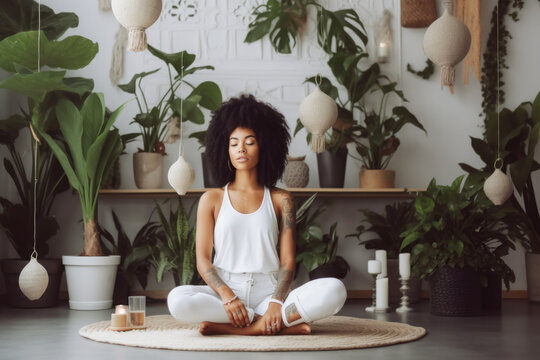 Young black woman sitting on the floor and meditating in a beautiful room in her home