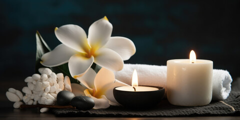 Fototapeta na wymiar Spa, massage and body treatment composition, with towels, candles and spa stones 