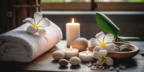 Spa, massage and body treatment composition, with  towels, candles and spa stones 