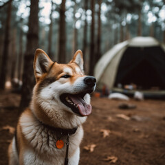 A happy dog enjoys a camping trip in the forest