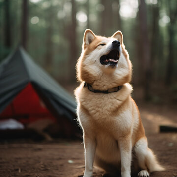 A happy dog enjoys a camping trip in the forest