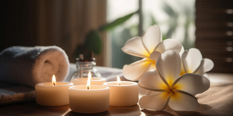 Spa, massage and body treatment composition, with  towels, candles and plumeria flowers