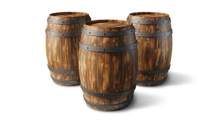 Three wooden barrels isolated on empty background. 3D Rendering