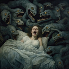 horrific nightmare, horror of the night, girl in bed - by generative ai