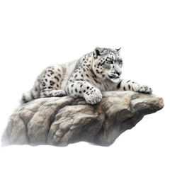 Fototapeta premium a Snow Leopard resting on a rock with snow, full body, big cat, a majestic creature, Wildlife-themed, photorealistic illustrations in a PNG, cutout, and isolated. Generative AI