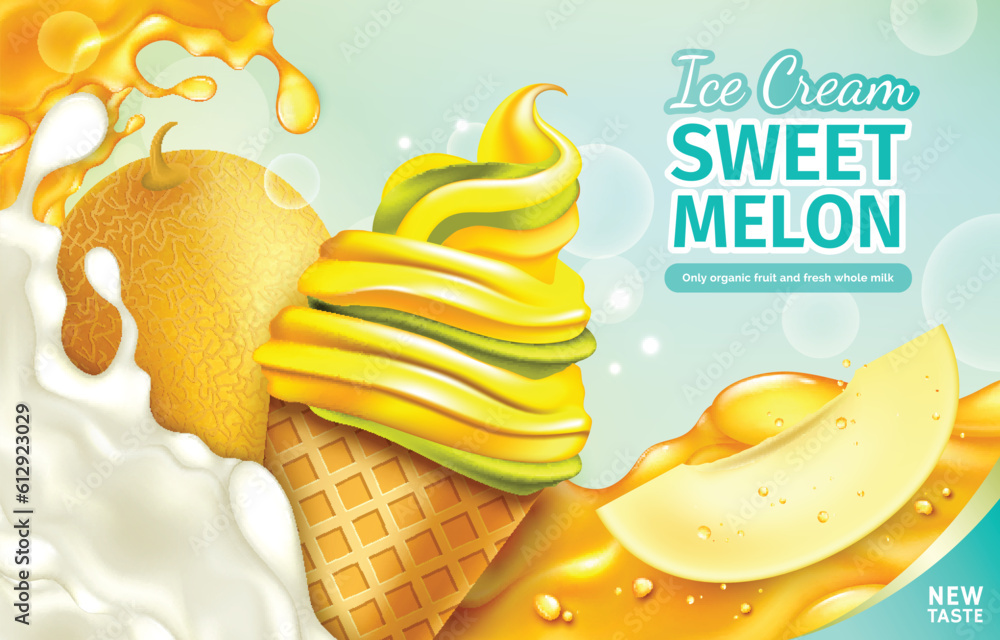 Canvas Prints Realistic Detailed 3d Ice Cream Sweet Melon Ads Banner Concept Poster Card. Vector illustration of Cantaloupe Soft Icecream Cone with Splash