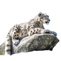 a Snow Leopard resting on a rock with snow, full body, big cat, a majestic creature, Wildlife-themed, photorealistic illustrations in a PNG, cutout, and isolated. Generative AI