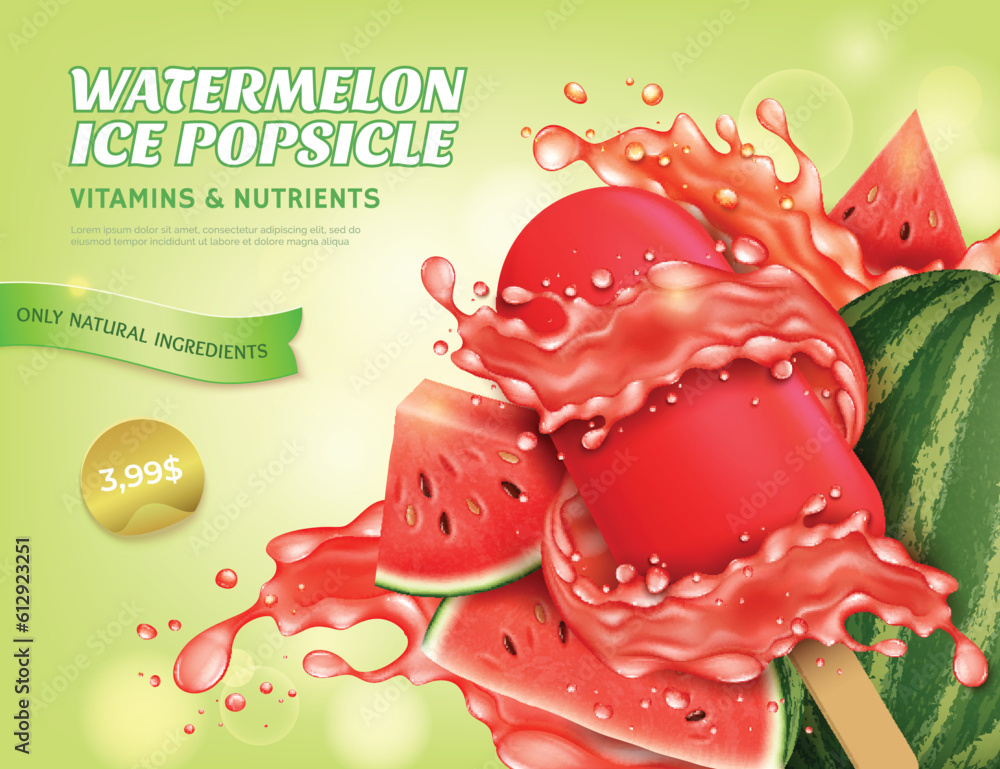 Wall mural Realistic Detailed 3d Watermelon Ice Popsicle Ads Banner Concept Poster Card. Vector illustration of Refreshing Summer Dessert