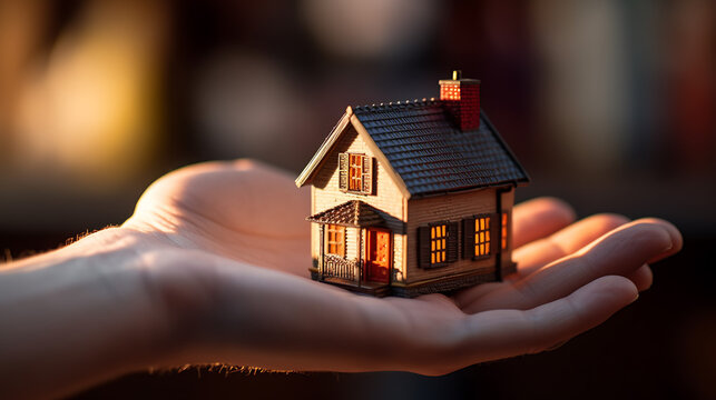 Young man holds a small model of a house in the palm of his hand.Created with Generative AI technology.