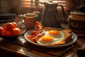scrambled eggs with toast and bacon, breakfast scrambled eggs with bacon and coffee, two eggs. sunshine, proper nutrition, a pleasant start to the day, ai generative 