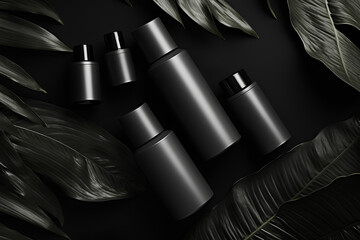 cosmetic line of care products, men's cosmetics, women's cosmetics, cosmetic bottles or containers of black color on a black background with the addition of decorative dark leaves, shampoo, shower gel