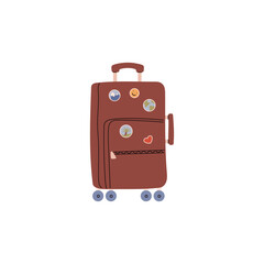 Brown suitcase decorated with cute stickers flats style, vector illustration