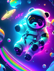 Fototapeta premium panda floating space alien planet neon light effect, generative AI