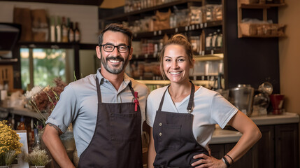 Obraz premium Portrait of two smiling entrepreneurs standing welcomingly together in their trendy cafe.Created with Generative AI technology.