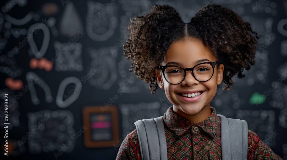 Poster little girl smiling while standing in front of a school blackboard.created with generative ai techno