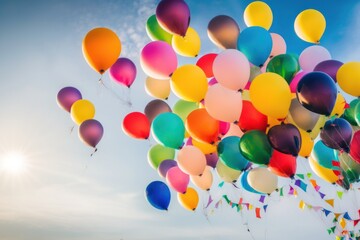 Colorful balloons and blue sky. Happy summer day. Generative Ai