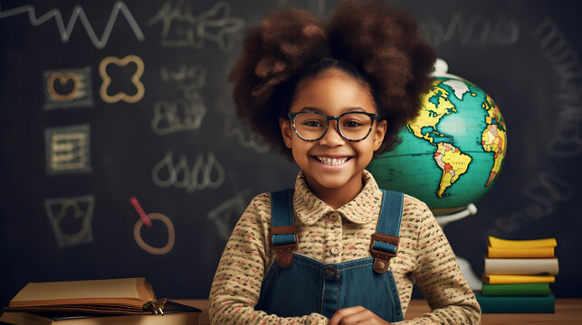 Little girl smiling while sitting in front of a book against a blackboard.Created with Generative AI technology.