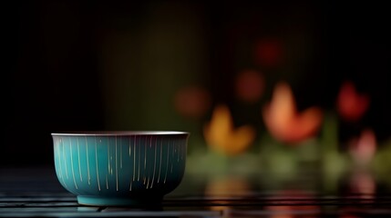 A blue fancy ceramic bowl at the table indoor. Generative AI technology.