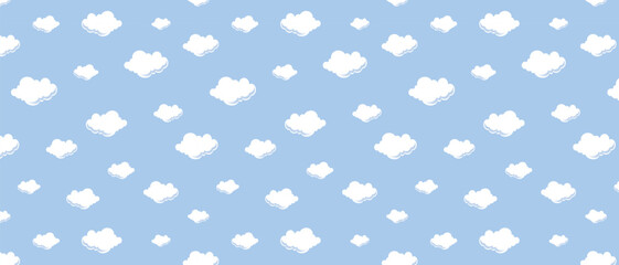 Vector Flat Style Clouds Seamless Pattern on Blue Background. Clouds collection flat style. Clouds Set in Hand Drawn Vintage Retro Style Cartoon Clouds design elements. Engraving Style illustrations.