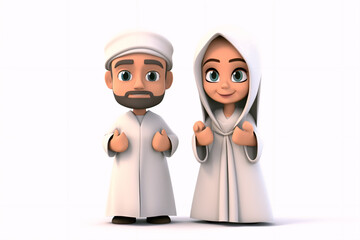 Husband and wife in Ihram dress for the occasion of Hajj with a white background, generative ai