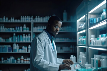 Black male pharmacist working in local pharmacy