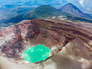 Drone shot showing crater lake at Santa Ana Volcano in the central american country of El Salvador.