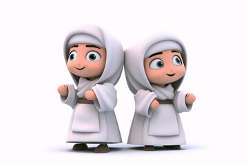 Obraz na płótnie Canvas Husband and wife in Ihram dress for the occasion of Hajj with a white background, generative ai