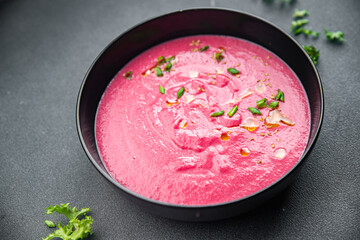 beet cream soup beetroot soup first dish meal food snack on the table copy space food background rustic top view