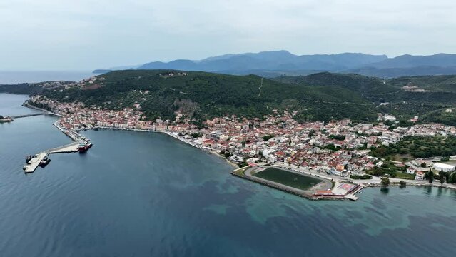 Aerial view of the town of Gythio on the east coast of the Mani Peninsula in the Peloponnese, Greece