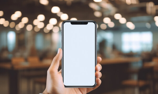 Mockup image of hand holding mobile phone with blank white screen in cafe bokeh background, generative ai