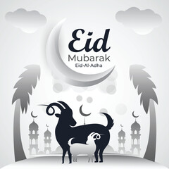 Happy eid mubarak poster with a background of goat moon and clouds