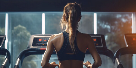 Girl running on a treadmill. Young woman running on treadmill in the fitness gym.