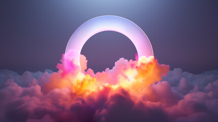 Ethereal Horizon: Vibrant Neon Circle amidst Pink and Blue Cloudscape, Generative AI