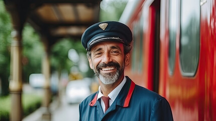 Smiling conductor next to a train stopped at the station. Generative AI - obrazy, fototapety, plakaty