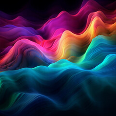 Obraz premium Harmonic Contrasts: Striking Colorful Wave Wallpaper on Black Background, Generative AI