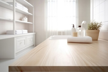 White bathroom interior. Empty wooden table for product display. Generative AI