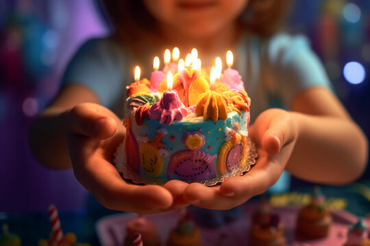 3D cartoonish closeups of a happy little girl holding her birthday cake to enjoy her party, created with AI generator 