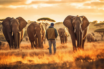 Fototapeta na wymiar adventurer and elephants at sunset generative AI 