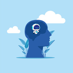 Robot with artificial intelligence  in the male brain. Silhouettes of thought images. Modern vector illustration in flat style