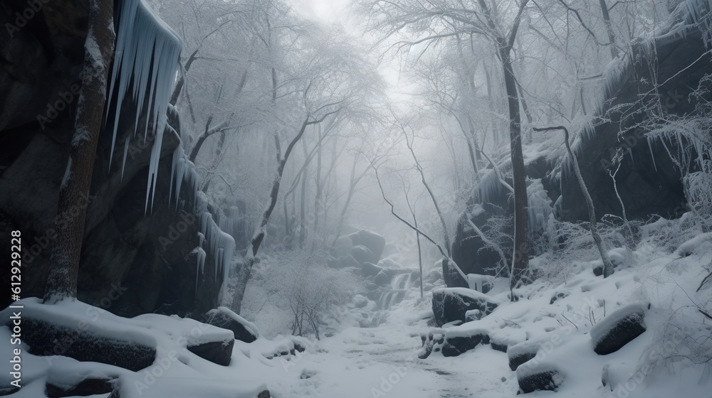 Poster a snowy path in the woods with ice on the rocks. generative ai