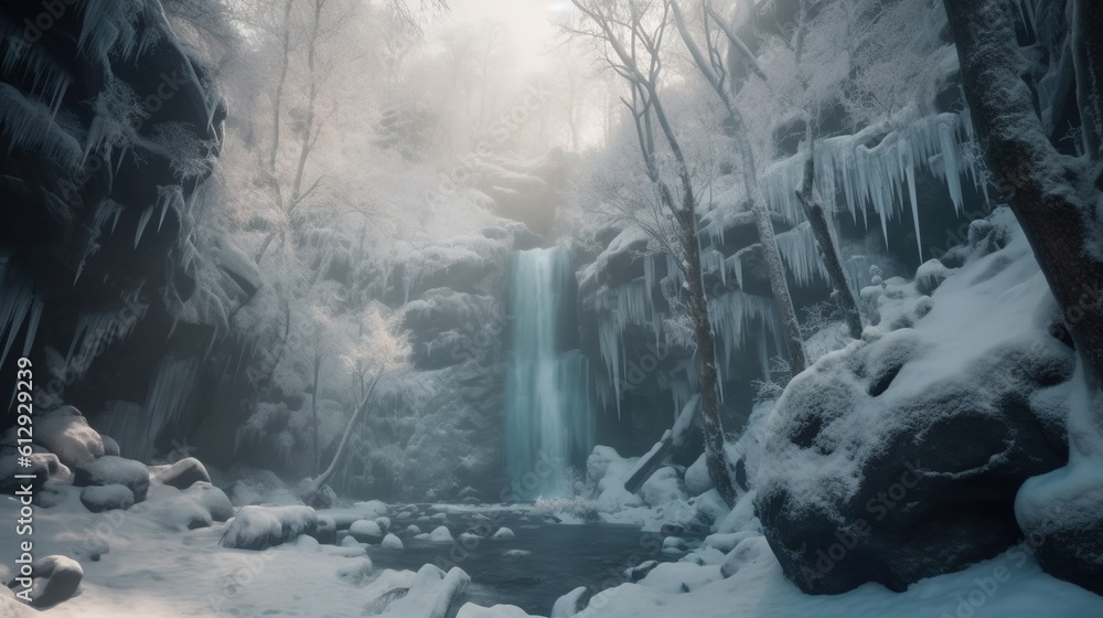 Poster a frozen waterfall in a forest with snow on the ground. generative ai