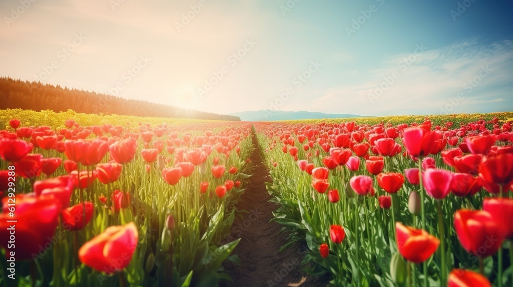 Poster a field of red tulips with the sun shining in the background. generative ai